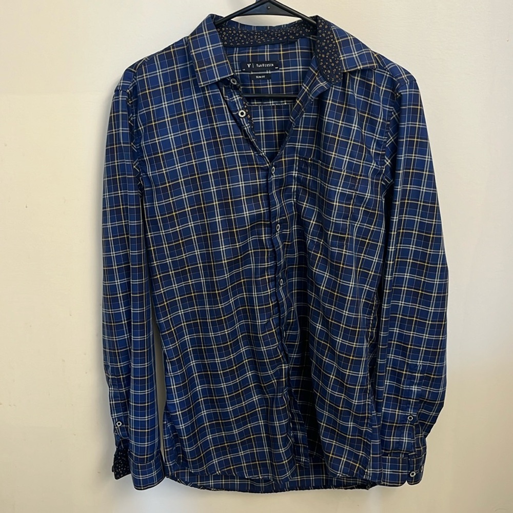 Van Heusen Slim Fit Plaid Blue Button Down, 15 in neck - Good
